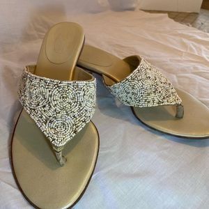 Beige beaded kitten heeled sandals